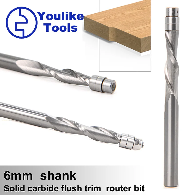 Solid Carbide Bearing Guided Two Flute Flush Trim Router Bits Wood milling cutters end mill 6mm Shank