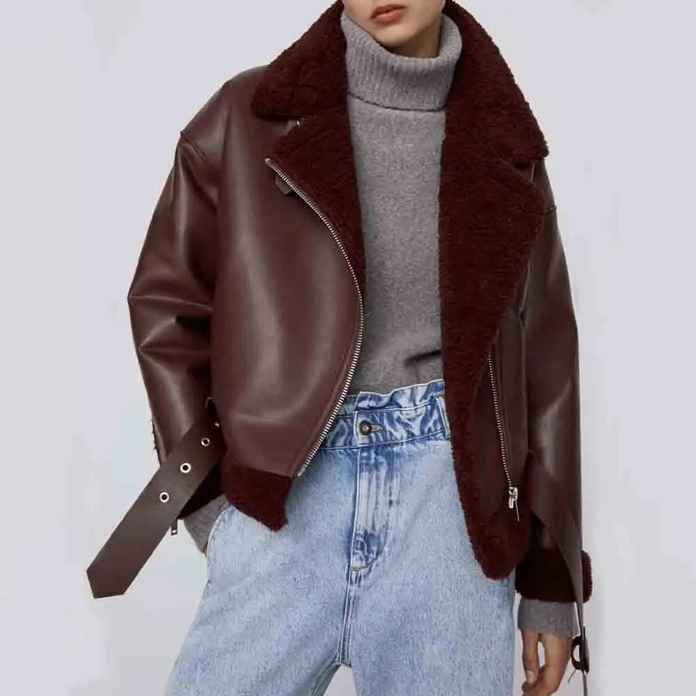 2021 Winter Thickened Locomotive Lapel Female Coat Fur Long Sleeved Loose Belt Warm Women's Jacket Lamb Wool Winter PU Coat