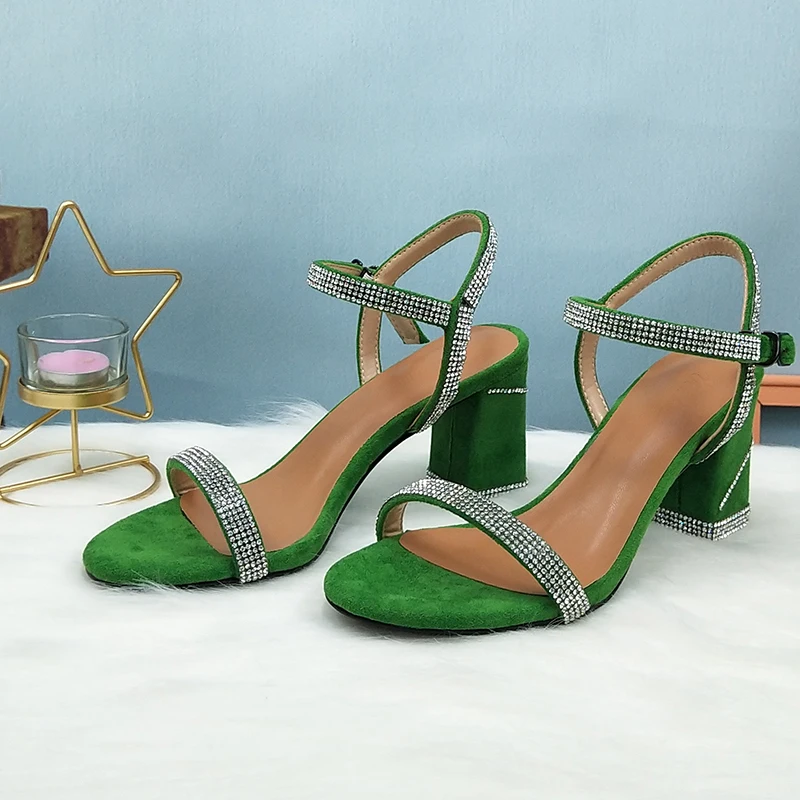 

BaoYaFang Green Fashion Summer Sandals Woman Open toe Thick heel girls party dress shoes Bridal wedding shoe square Heel Sandals