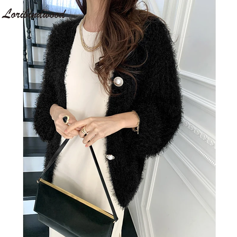 2021 осень и зима новый мохер жемчужная пуговица Вязаный Кардиган темперамент