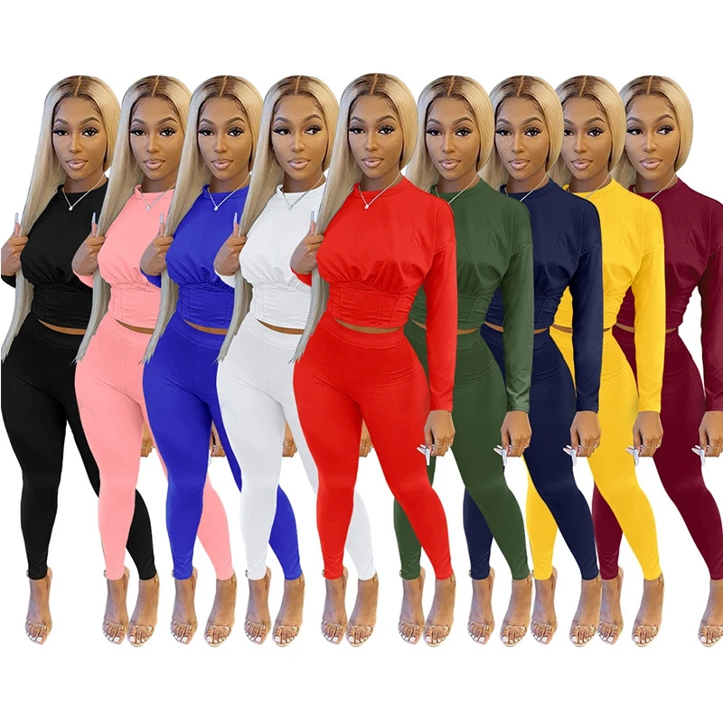 

Women Solid Two Piece Tracksuit Autumn Long Sleeve T Shirts And Fitness Jogger Leggings Casual Yoga Sports Outfits Size S-XXL