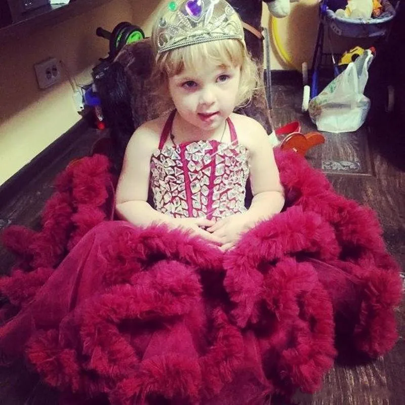 

Red Cloud Ball Gown Flower Girl Dress for Wedding Spaghetti Straps Rinstones Girls Birthday Party Gown Knee Length