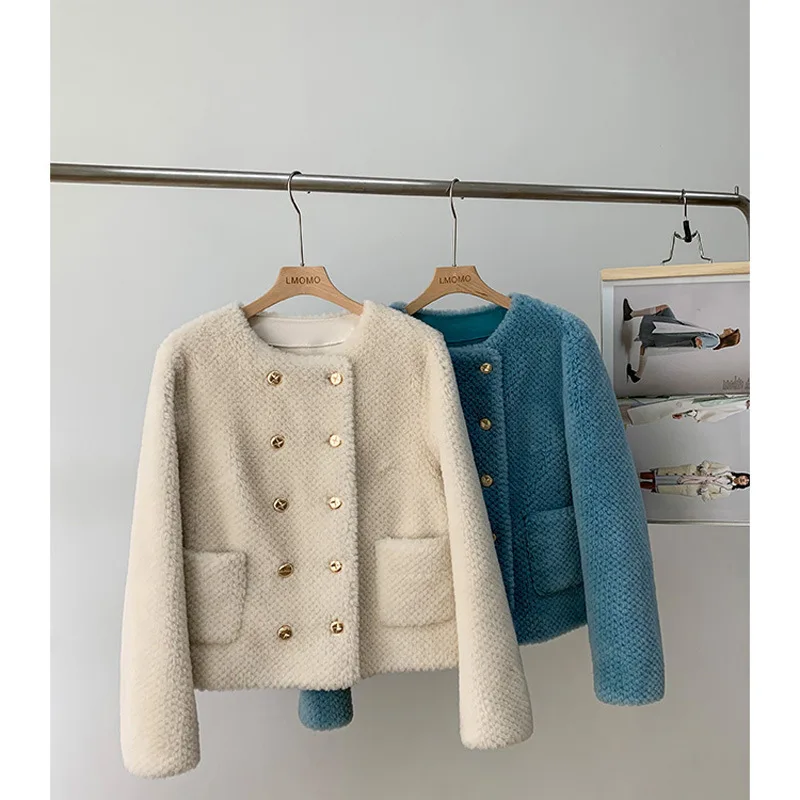 2021 Winter Elegant Short Fur Coat Women Solid Double Breasted Crop Jacket Temperament Ladies Lambs Wool Fur Warm Coats