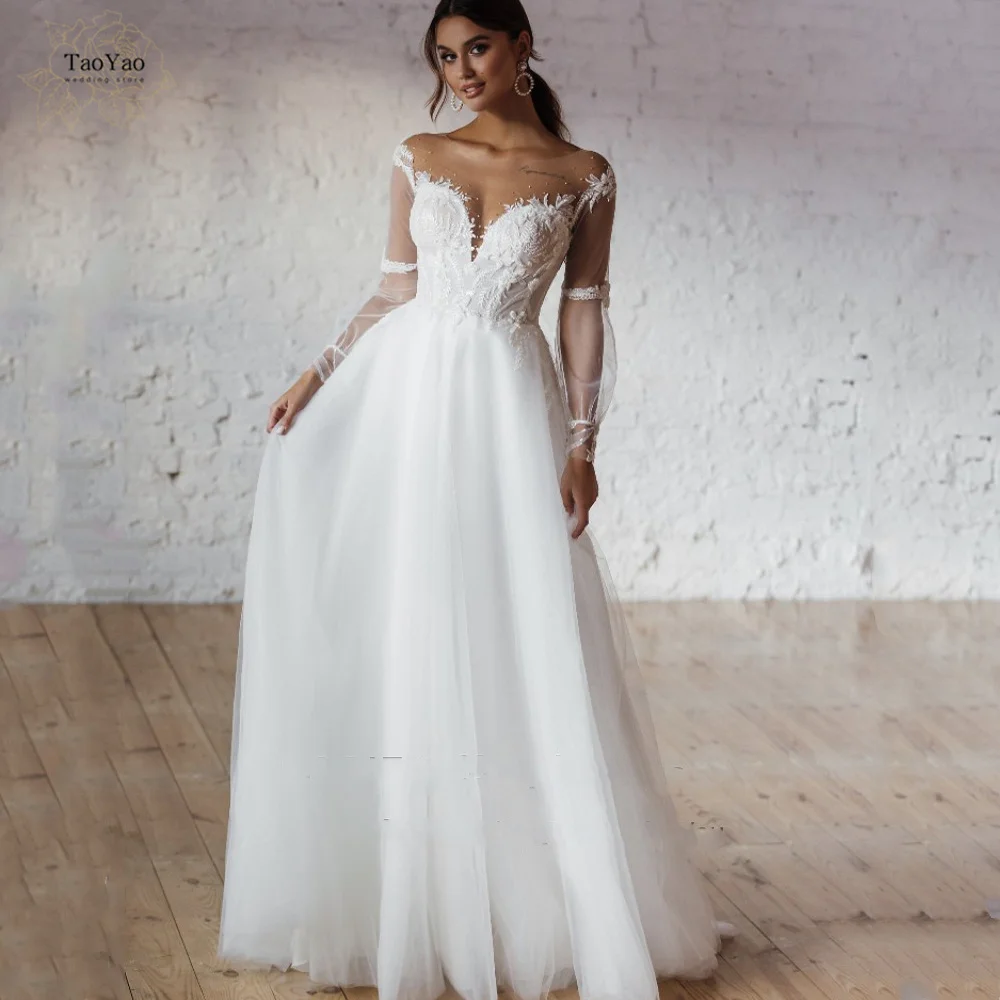 

Elegant Wedding Dress Spoon Neck Long Sleeve Illusion Open Back Applique Beaded Bridal Gown Marriage Dress Vestidos De Novia