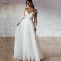 elegant wedding dress spoon neck long sleeve illusion open back applique beaded bridal gown marriage dress vestidos de novia