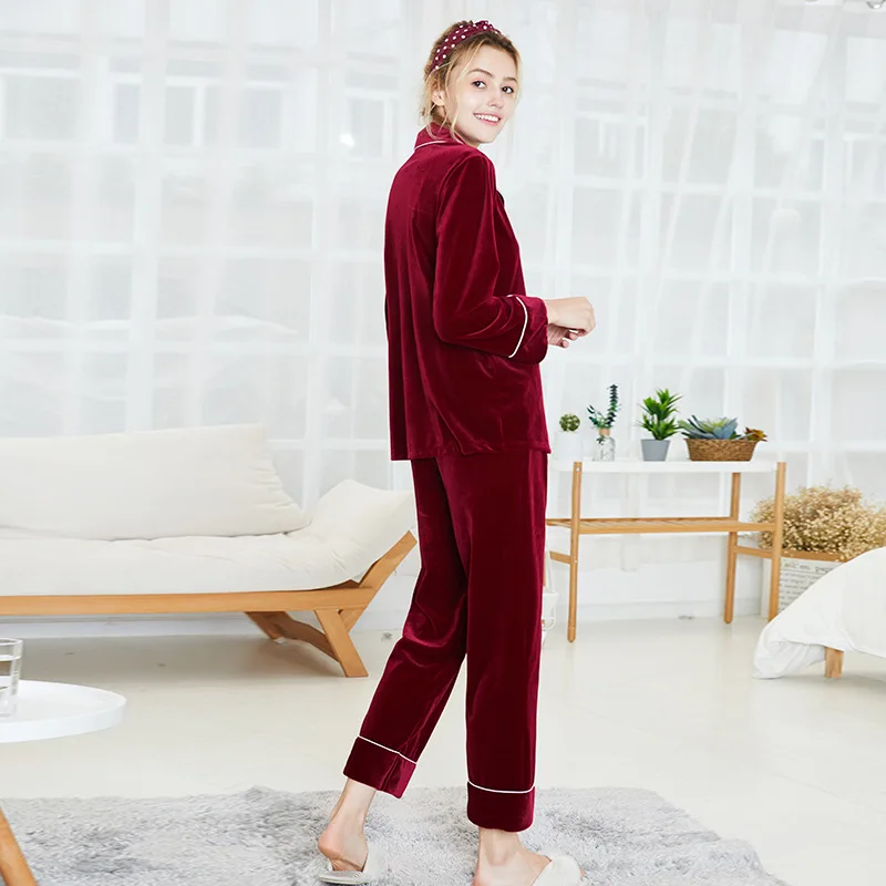 

HAOOHU women pajamas winter home suits fashion casual solid long sleeve v-neck tops loose pants Korean velvet 2-pc set sleepwear