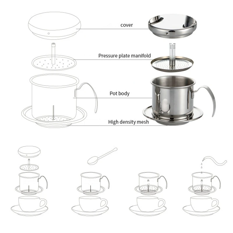 Portable Stainless Steel Vietnam Coffee Dripper Reusable Filter Drip Pot Vietnamese Cup | Дом и сад