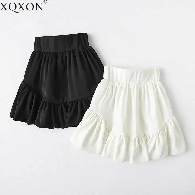 

Women's White Mini Skirt 2021 Summer New Preppy Style High Waist Stitching Ruffled Flower Bud Skirt faldas largas mujer