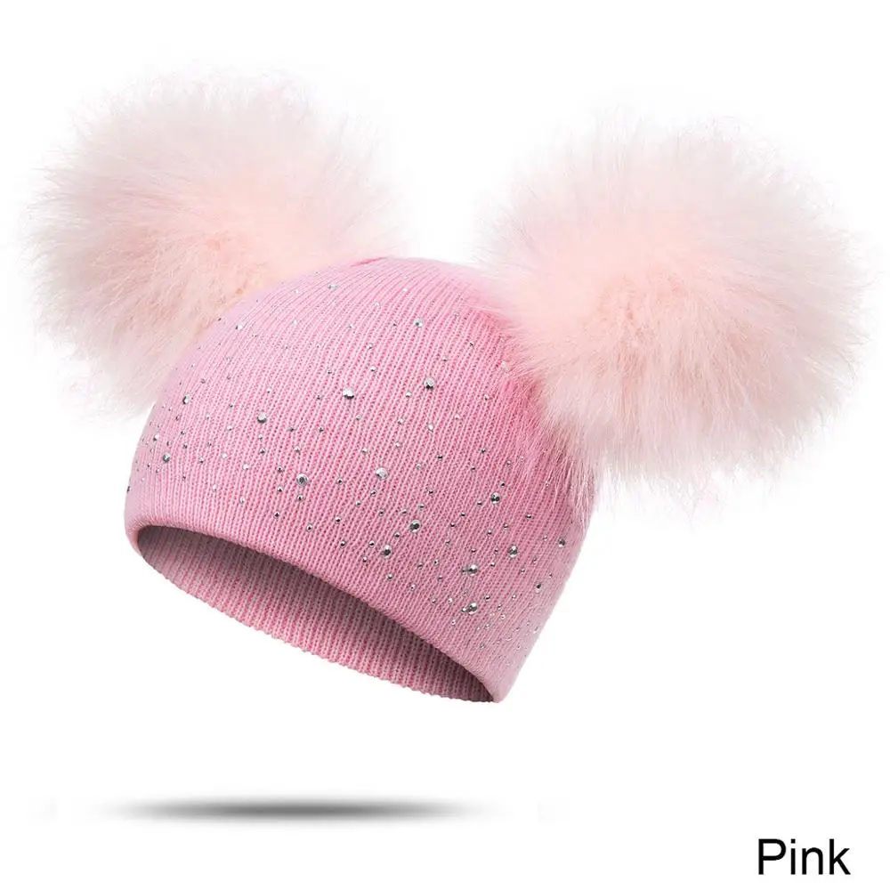 Pink REAKIDS/Новинка; детская зимняя шапка с помпонами для девочек; Вязаная Шапка-бини; брендовая плотная детская шапка; зимняя теплая шапка для маленьких девочек; Ctue - Цвет: Pink