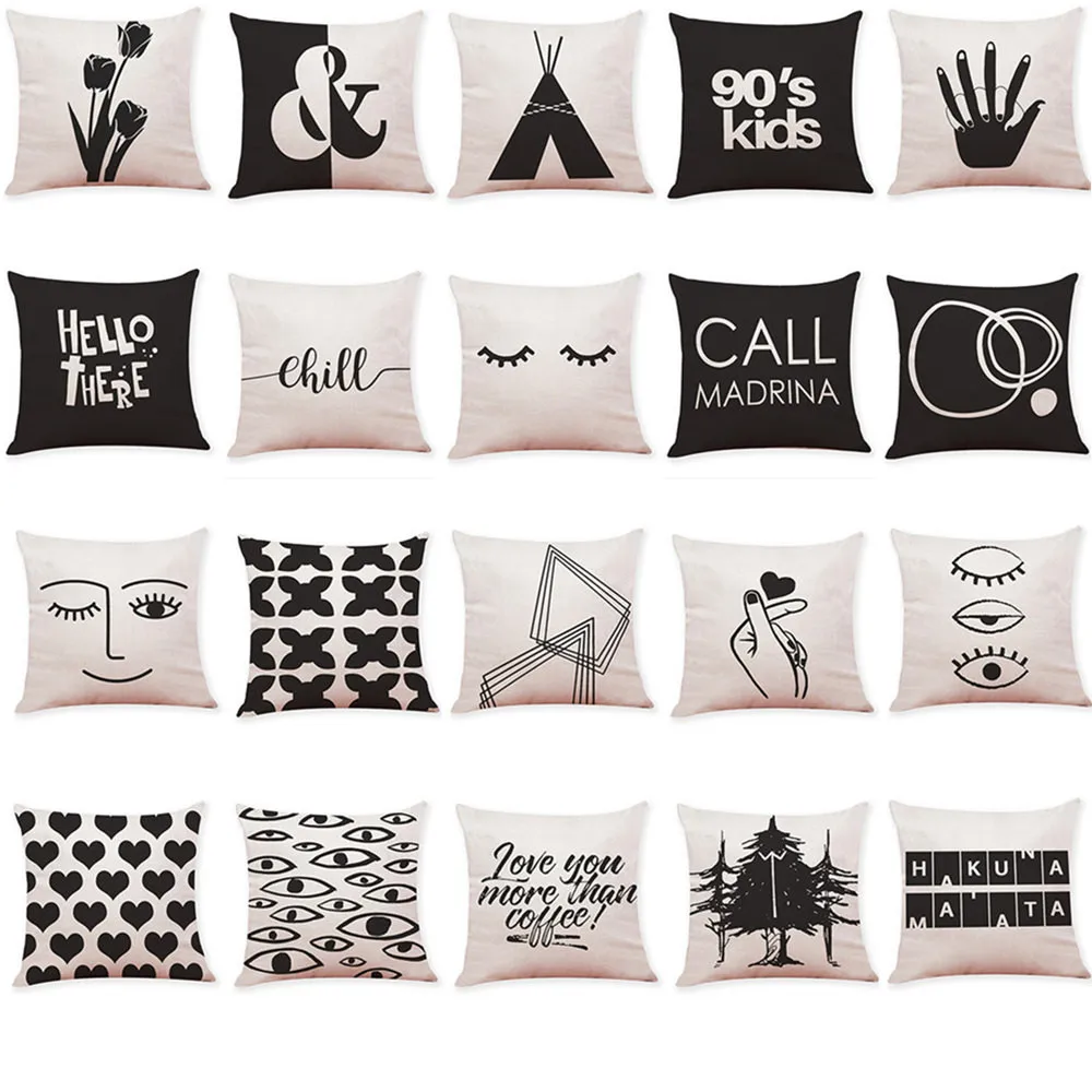 Черно белые чехлы на диванные подушки с надписью Декоративные Чехлы для гостиной