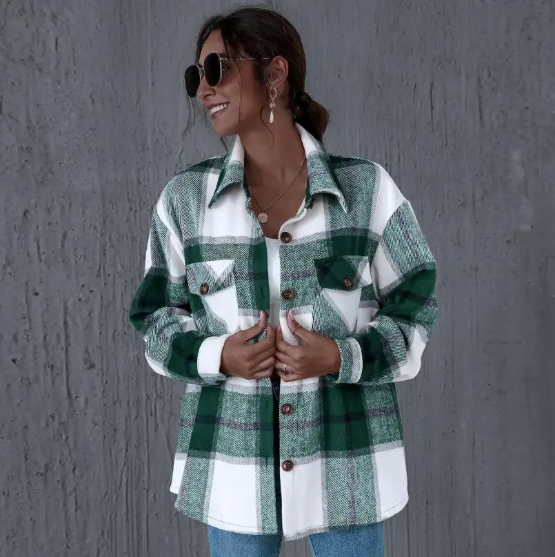 

Women Winter Jackets 2020 Casual Plaid Coats Buttons Pockets Streetwear Ladies Female Spring Loose Parkas Outerwear