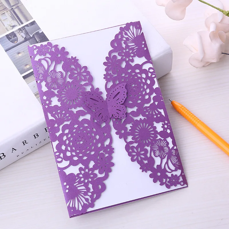 

10pcs European Wedding Invitation Creative Vertical Laser Cut Butterfly Invitation Card DIY Birthday Greeting Card Thanks Cards