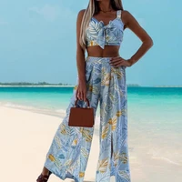 print boho womens 2 piece suits summer spaghetti strap crop tops female split wide leg pant set 2021 sexy beach vacation suit