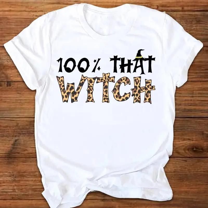 

Leopard Letters Witch Fall Autumn Happy Halloween Print Thanksgiving Women Cartoon Female 90s T-Shirt Tops Tshirt Graphic Tees