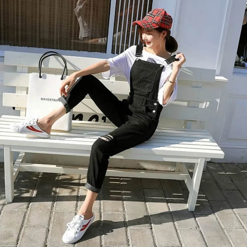 Jumpsuits Women Hole Pocket Korean Style Chic All-match Streetwear Leisure Solid Soft Casual Denim Womens Daily New Fashionable |