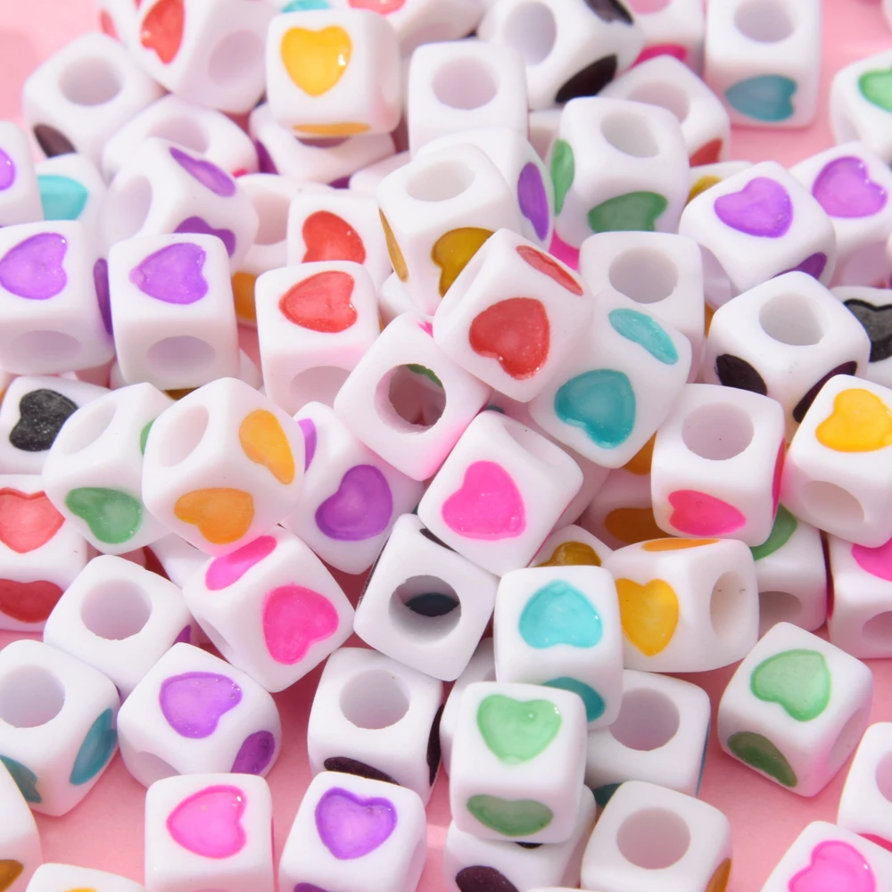 200 шт. белые Квадратные бусины с большим отверстием цветные рисунком сердца для