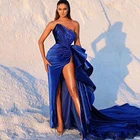 Платье вечернее атласное, без бретелек, вечерние высоким разрезом и рюшами, платье для выпускного с аппликацией, на заказ, горячая распродажа