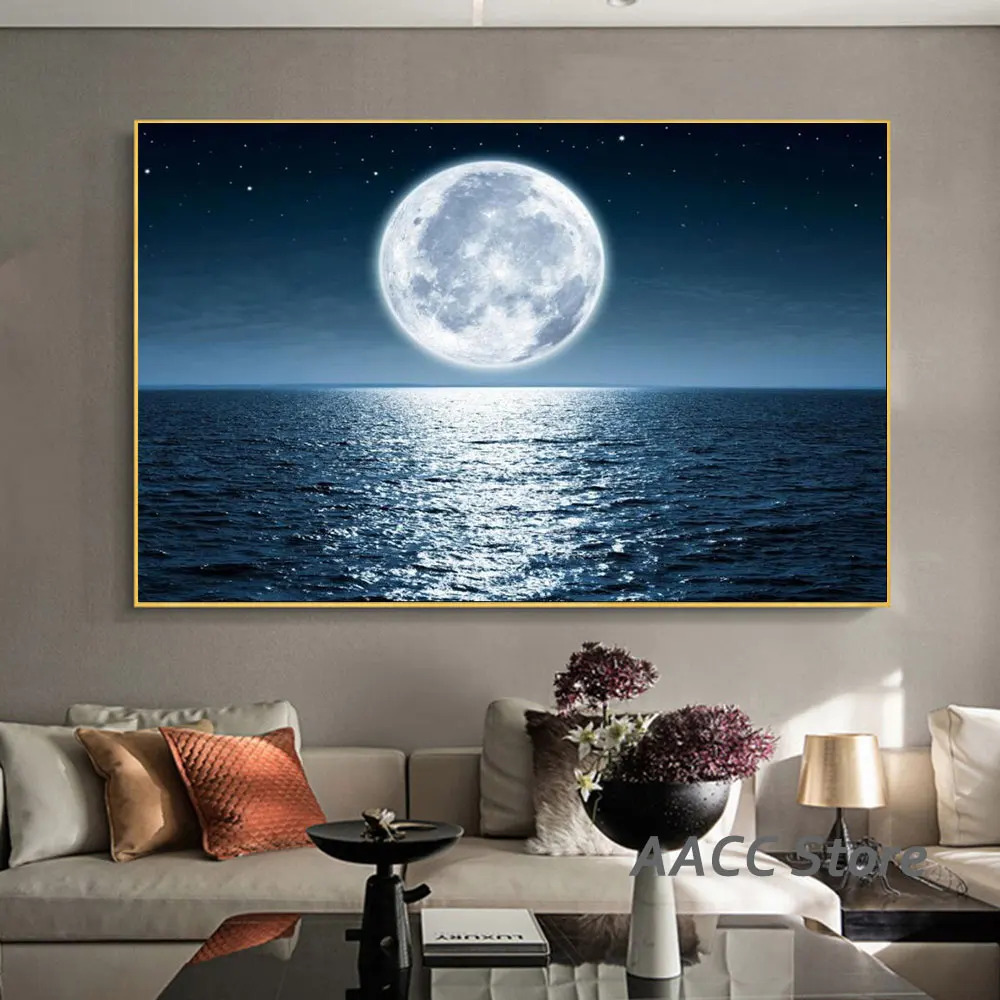 

A Moon on the Sea Prints Canvas Painting One Piece Seascape Photography Poster for Wall for Bedroom Home Cuadros Decoration