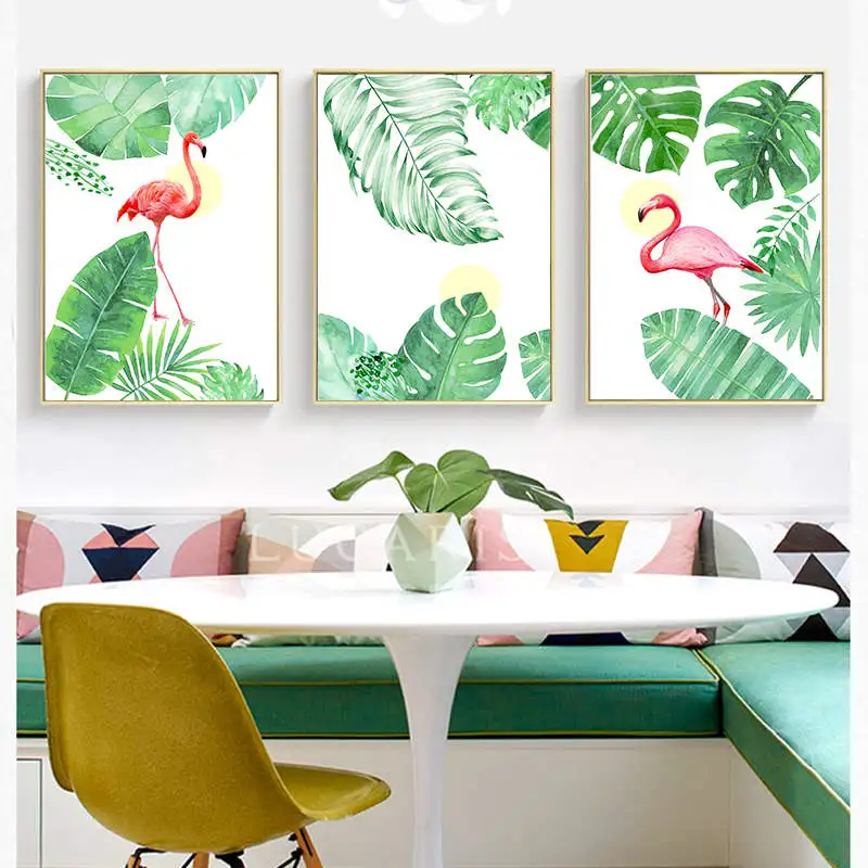 Акварель фламинго Тропическое растение листья монстеры холст живопись Постер в