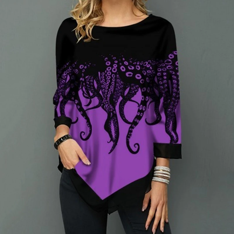 Новые осенние женские топы с модным цветочным принтом и асимметричным подолом