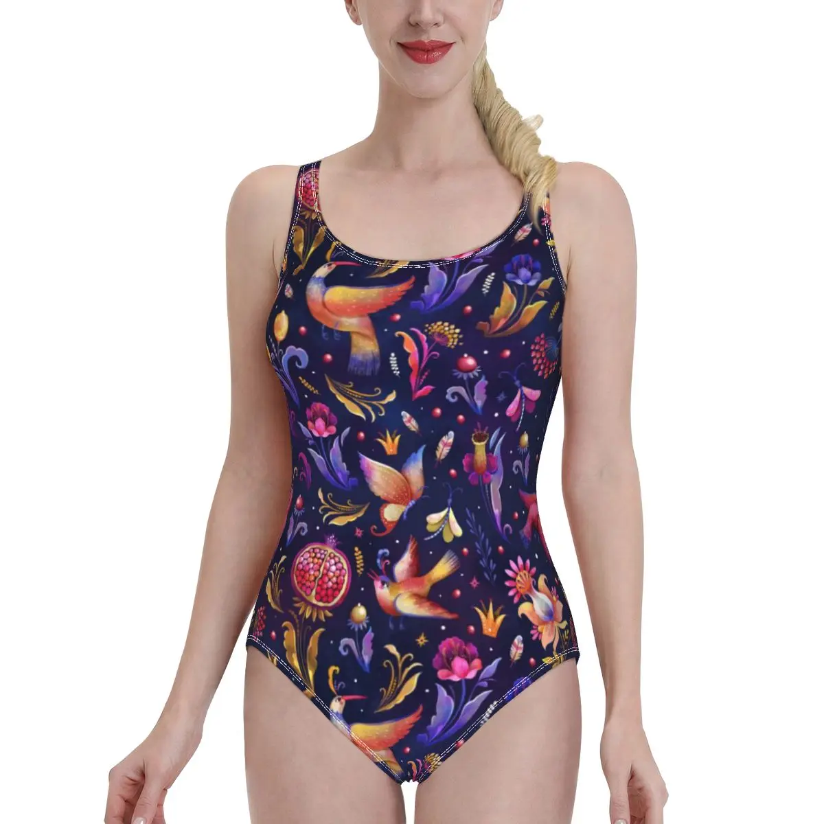 

Женский слитный купальник с эффектом пуш-ап, с принтом граната и птиц