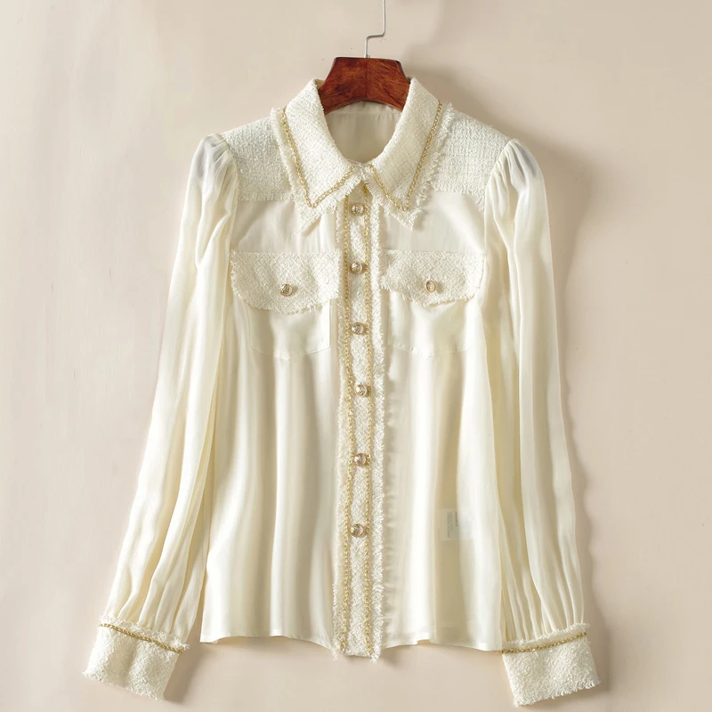 

100% Natural Silk Women's Shirt Turn Down Collar Long Sleeves Patchwork Elegant Blouse Tops