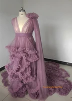 purple photography dress see thru prom dresses with puff full sleeves prom gowns ruffles tiered pregnant woman long robe 2021