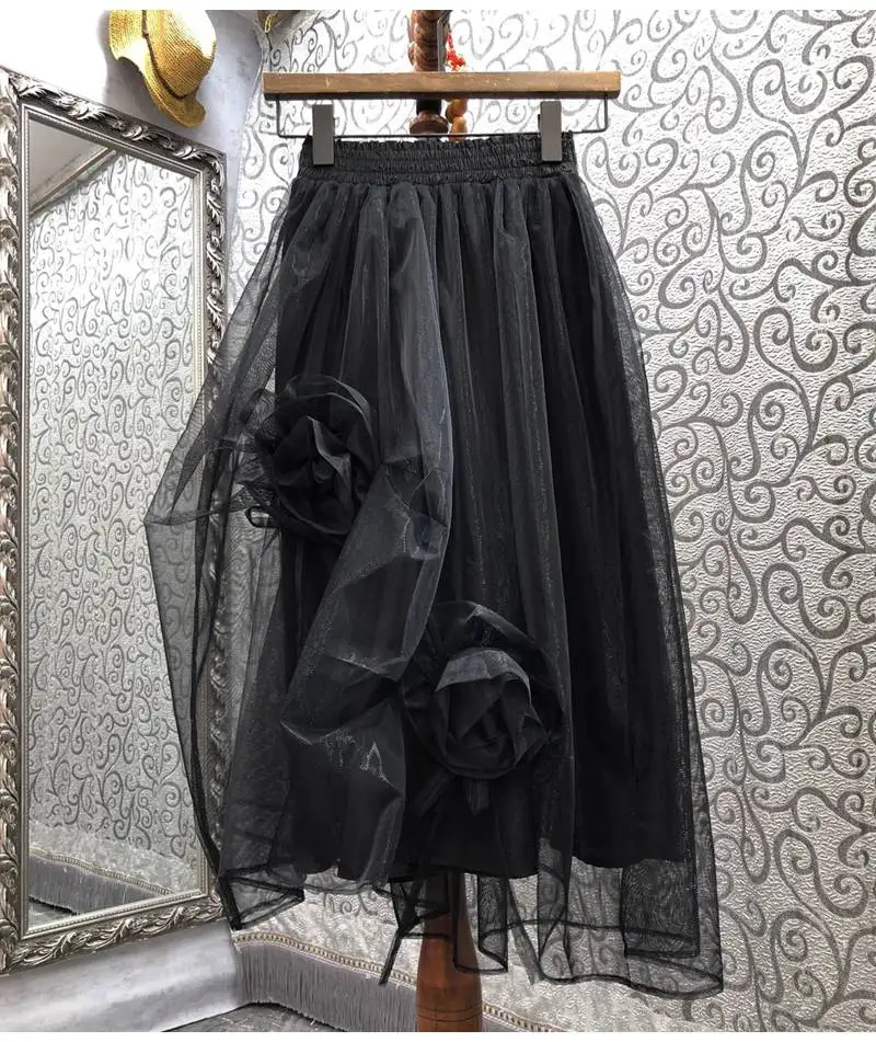 New Korean Fashion Skirts 2022 Spring Summer Style Women Elastic Waist Appliques Flower Deco Sexy Tulle Mesh Maxi Skirt Black