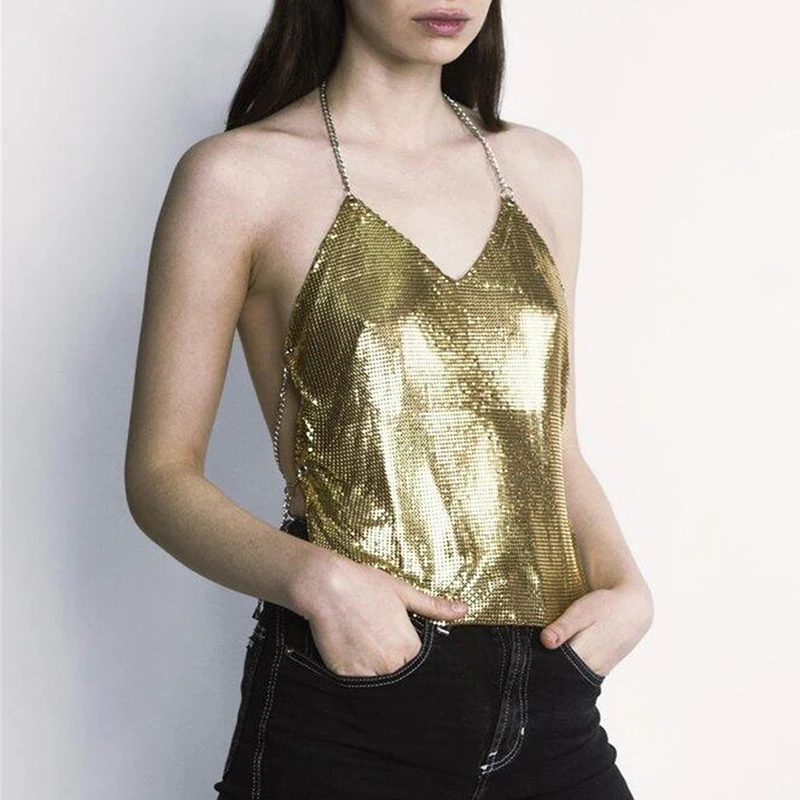 Женский блестящий топ на бретельках расшитый блестками с низким вырезом