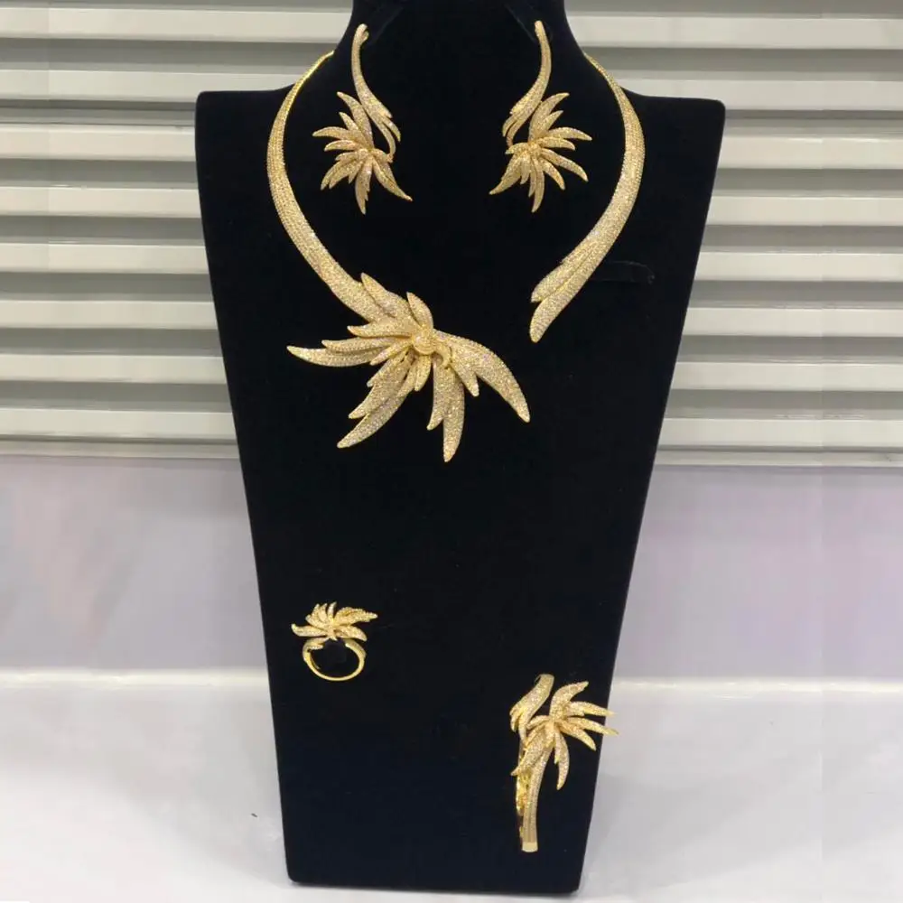 Gold GODKI Роскошные листья пальмы нигерийские Колье Ювелирные наборы для женщин Свадебные с кубическим цирконом CZ Дубай золотой свадебный ювелирный набор - Metal color: Gold