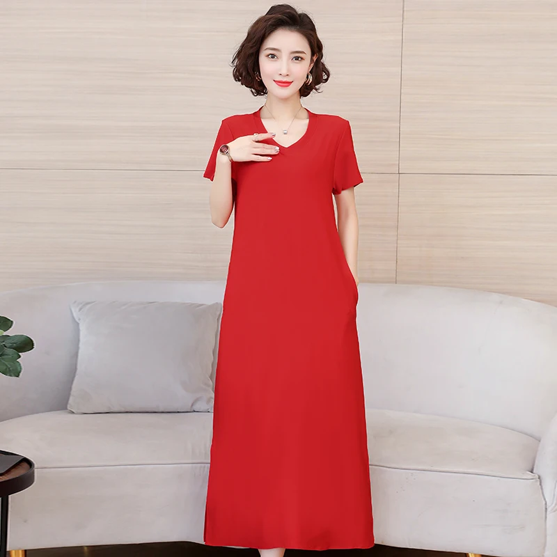 

Women New Fashion Elegant Red Dresses Large Size Short Sleeve V-Neck Loose Long Dress Female Vestidos Brand Women Clothing