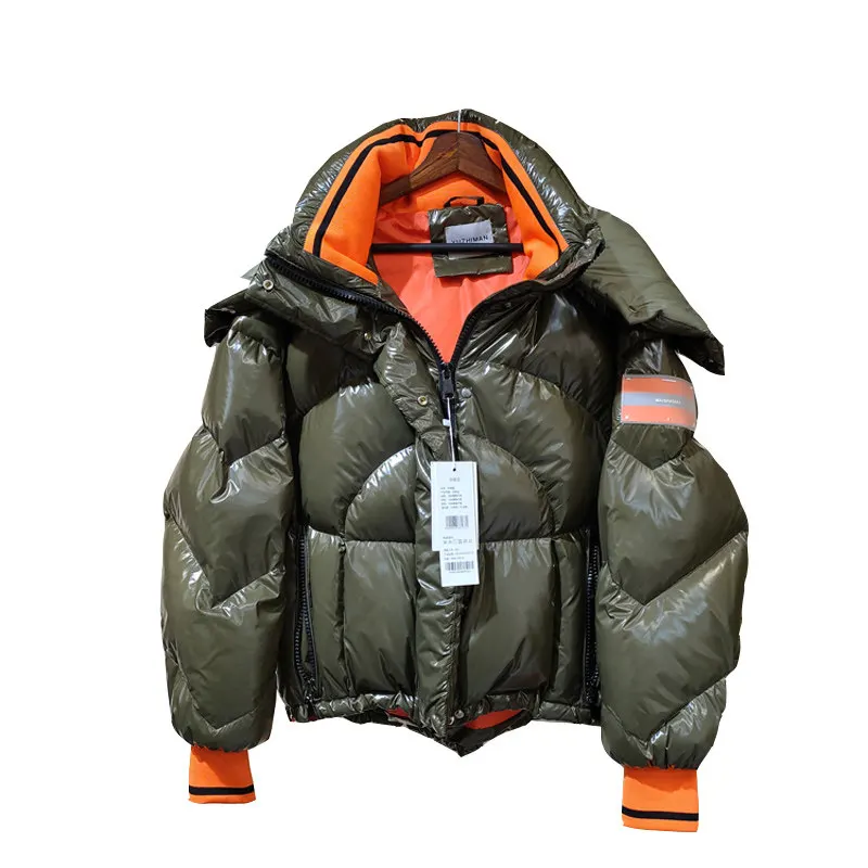 Яркий кожаный пуховик женский короткий с капюшоном толстый Водонепроницаемый