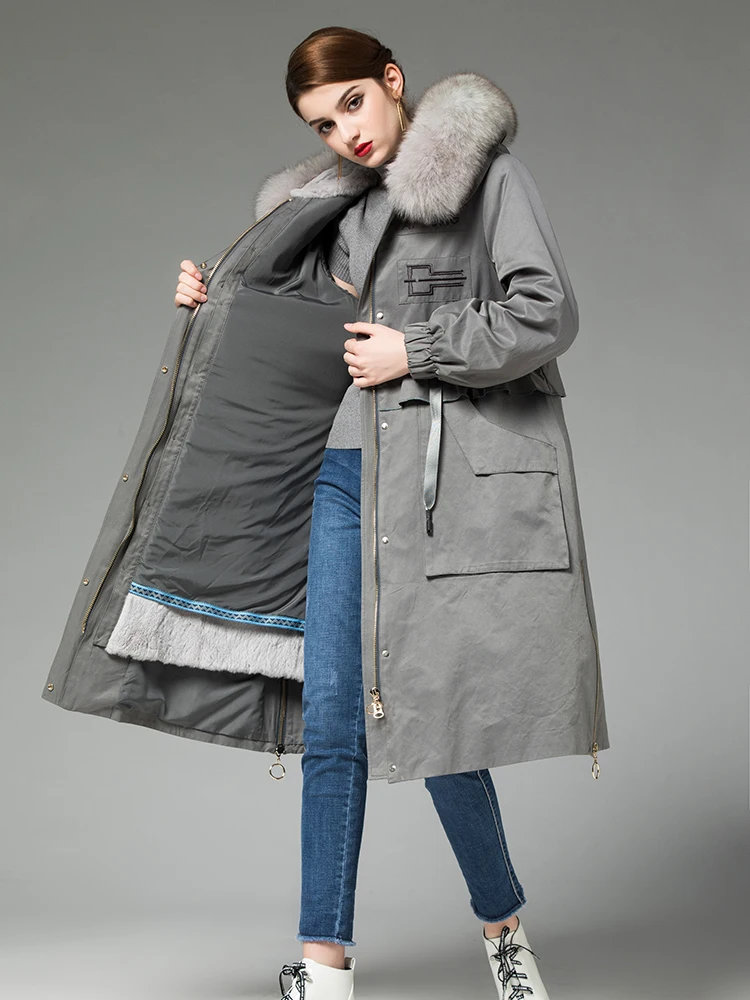 Женская меховая парка с подкладкой из натурального кроличьего меха длинное