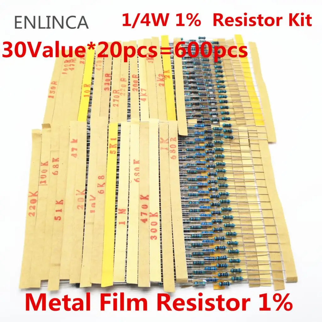 600pcs/lot 30Values* 20pcs 1% 1/4 W resistor pack set diy Metal Film Resistor kit use colored ring resistance (10 ohms~1 M ohm) |