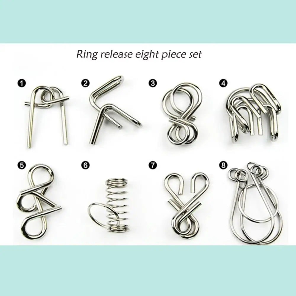 

8PCS Metal Wire Puzzle Interesting Set Brain Teaser IQ Test Game Unlock Interlock Game Fidget Toy Kids Adults Challenge Gift Toy