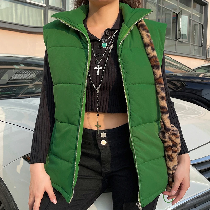 

WeiYao Retro Green Women's Winter Vest Jackets Zip Up Turtleneck Sleeveless Down Coats Female Vintage Clothes Harajuku Parkas