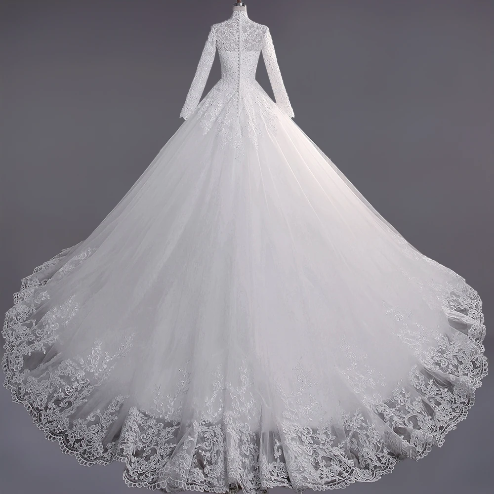

Muslim Wedding Dress 2020 Elegant High Neck With Train Princess Bride Dress Luxury Lace Embroidery Wedding Gown Vestido De Noiva