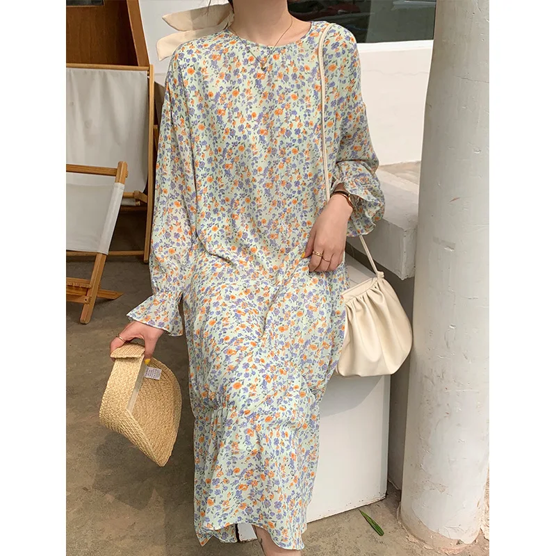 

TVVOVVIN French Mid-length Dress Women's 2021 Spring New Lace-up Loose Long Sleeve Print Sweet Pleated Dress TBGB