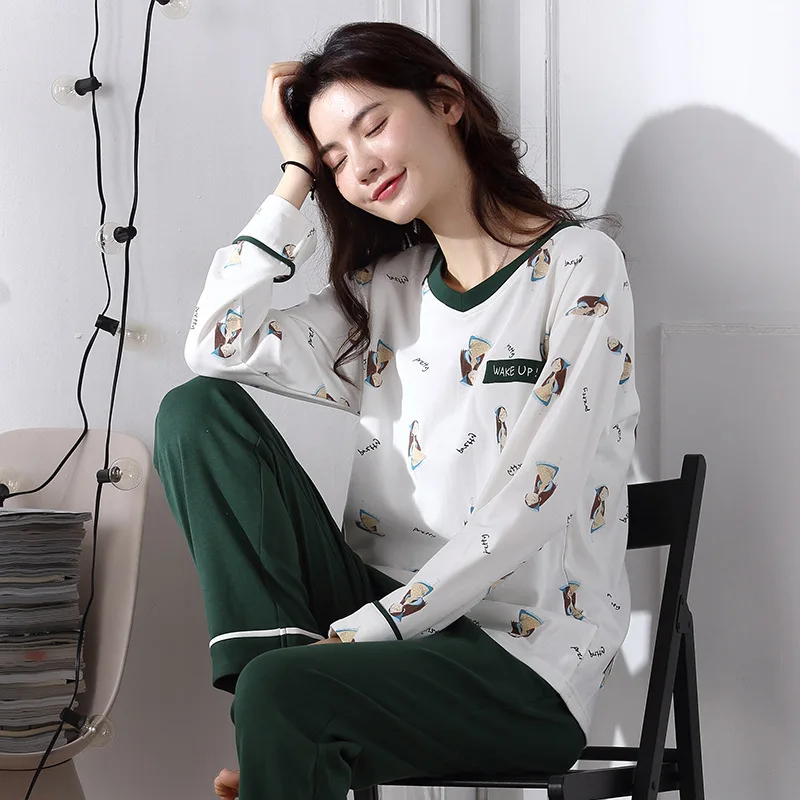 

Women's Pajamas Spring and Autumn Cotton Long Sleeve Leisure Women's Thin All Cotton Cartoon Home Wear Can Wear New Sleep Tops