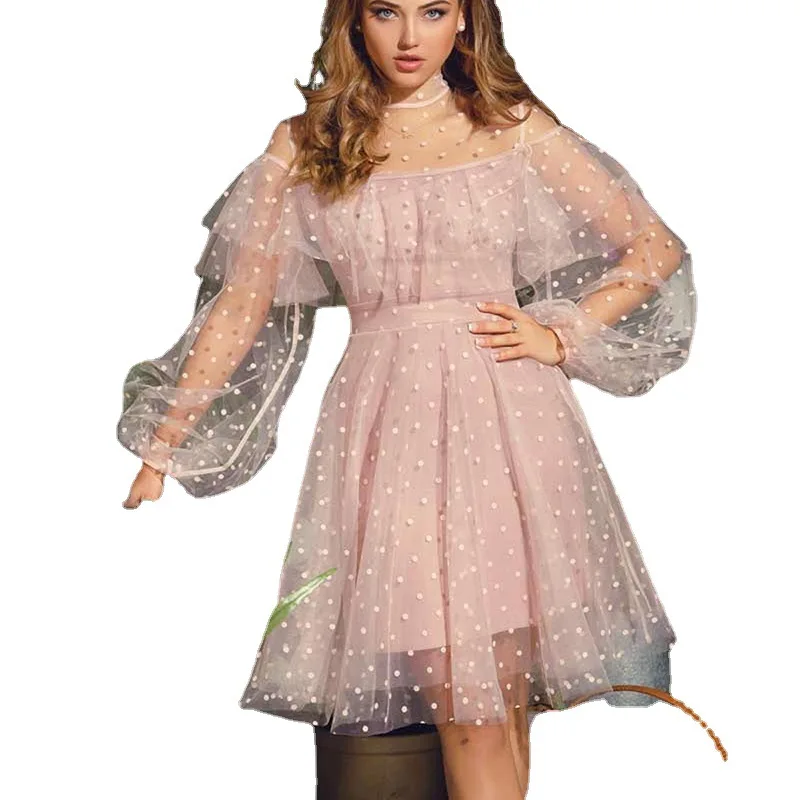 

WEPBEL Autumn Fashion Mesh Solid Color Polka Dot Dress Women's Casual Long Sleeve O-Neck High Waist Stitching Dress