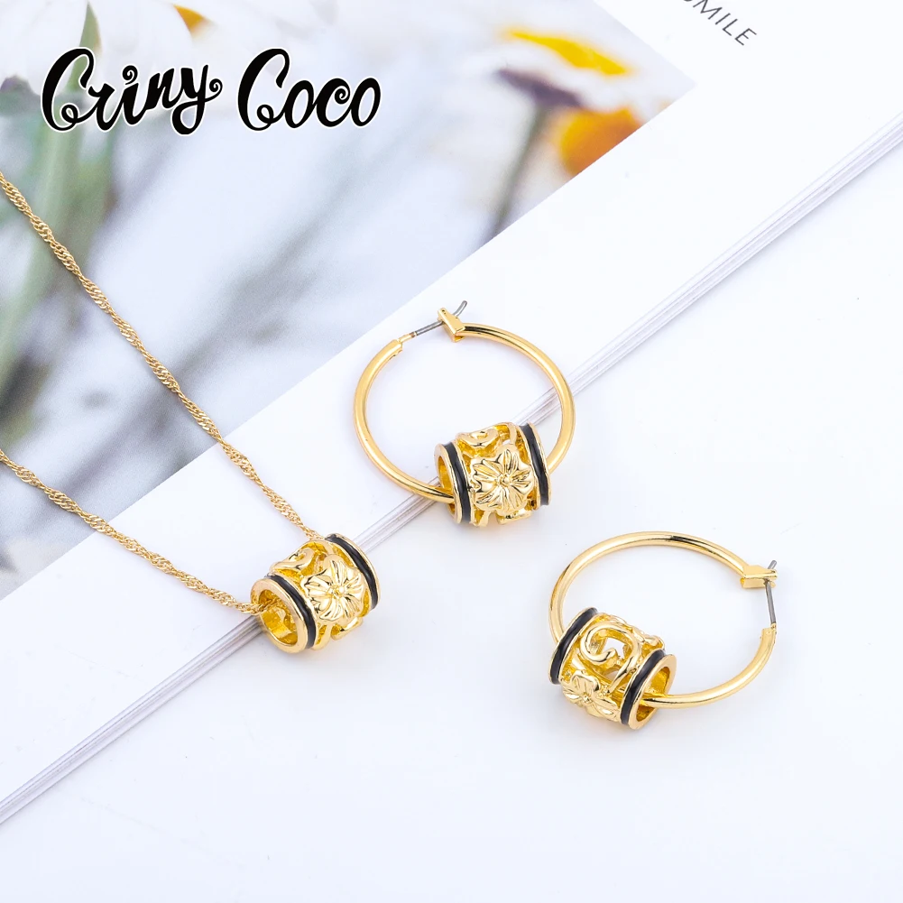 

Cring Coco Hawaiian Polynesian Plumeria Necklace Set Fashion Gold Filled Pendant Hoop Earrings Jewelry Sets for Women Girls 2021