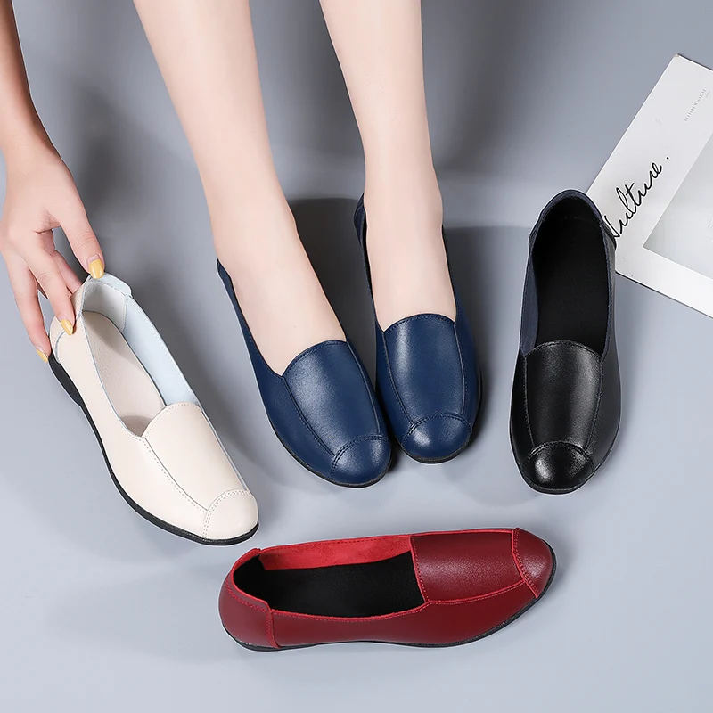 

Autumn Women Ballet Flats Genuine Leather Shoes Slip On Loafers Women Flats Woman Shoes Black Grandmother Shoes