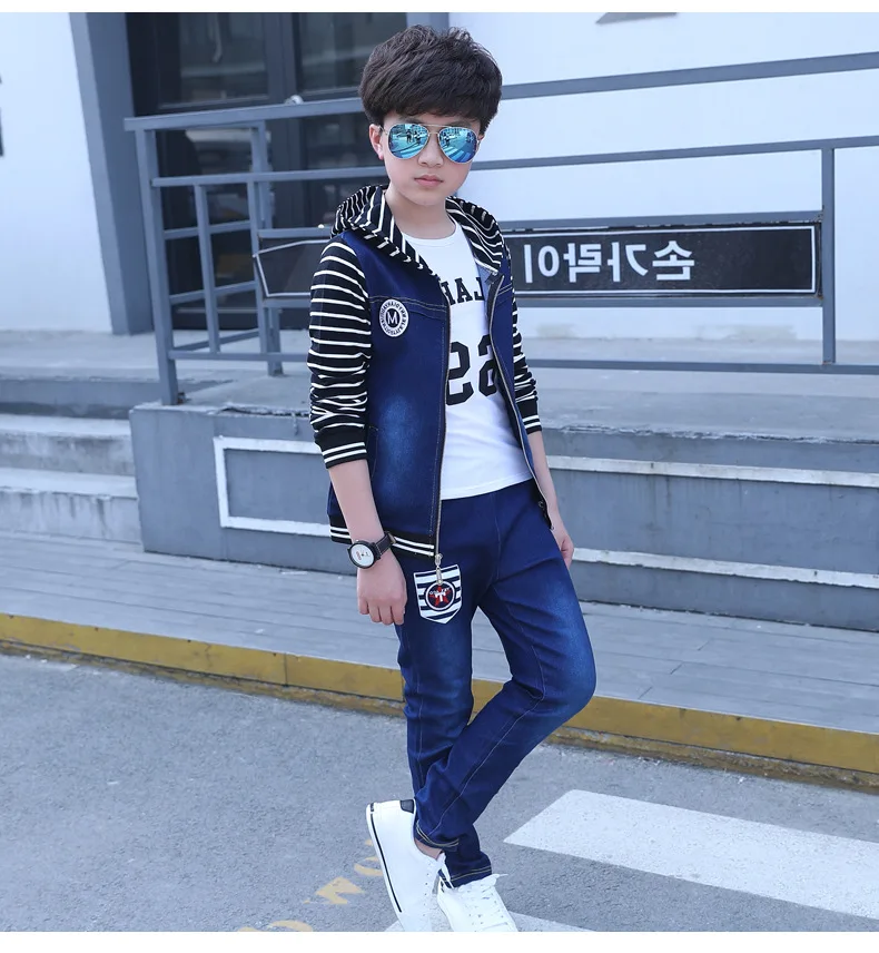 Girls 4-14 Years Casual Fashion Letters Print Stripes Jeans Coats+Blue Washed Jeans Pants Clothing Sets Spring Autumn Jeans Sets