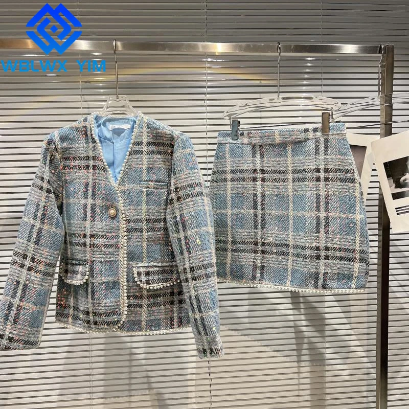 

Autumn Winter 2 Piece Set Women Sequins Fashion Plaid Short Tweed Jacket And High Waist Mini Package Hip Skirt Two Piece Set
