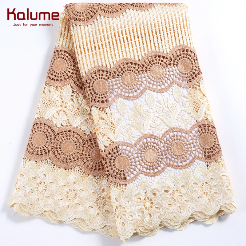 

Kalume 2021 Latest African Guipure Cord Lace Fabric Embroidery Nigerian Water Soluble Cord Lace Fabric Stones For Dress F2233