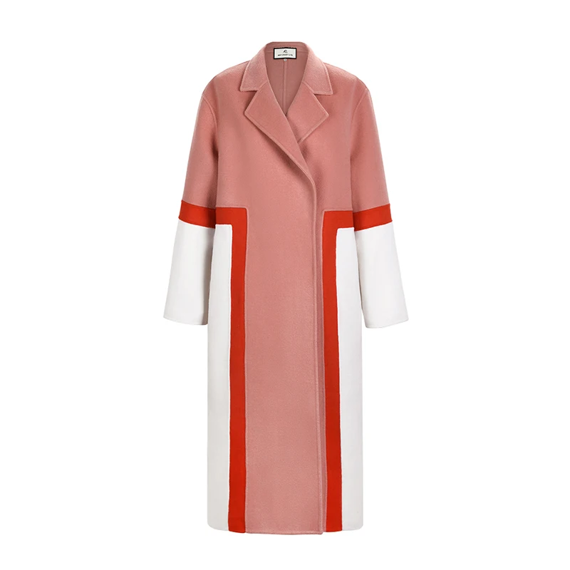 

AEL Patchwork Double Faced Wool Long Coat For Women Hit Color Lapel Collar Hidden Breasted Loose Casual Overcoat 2019 Winter