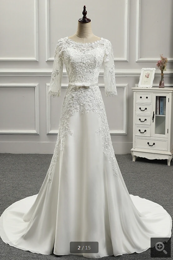 Белое Атласное ТРАПЕЦИЕВИДНОЕ свадебное платье с кружевной аппликацией и