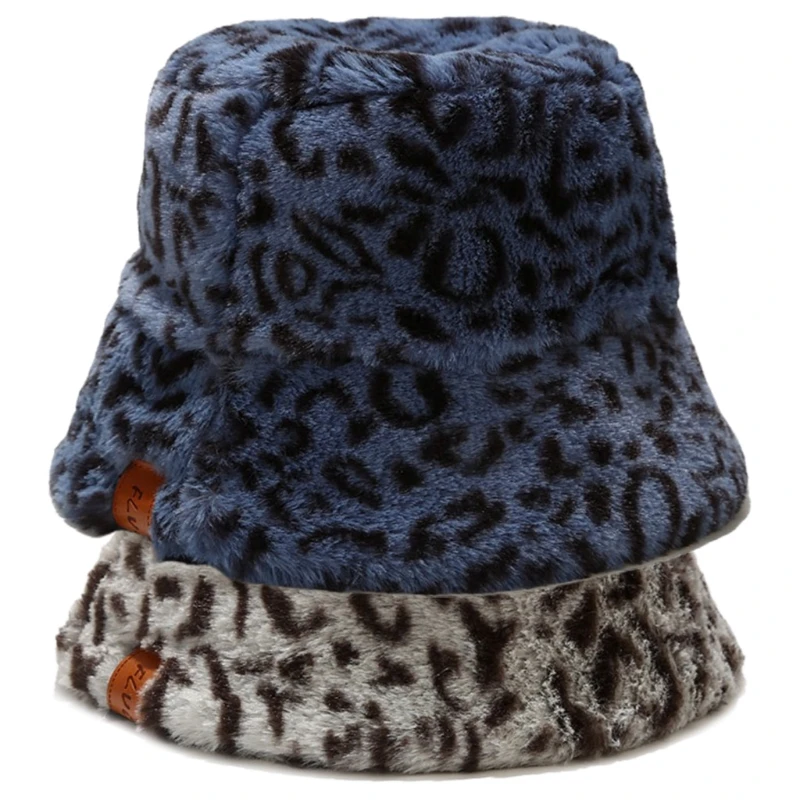 

Women Vintage Leopard Thicken Fuzzy Plush Bucket Hat Faux Leather Label Patchwork Winter Warm Packable Panama Fisherman Cap