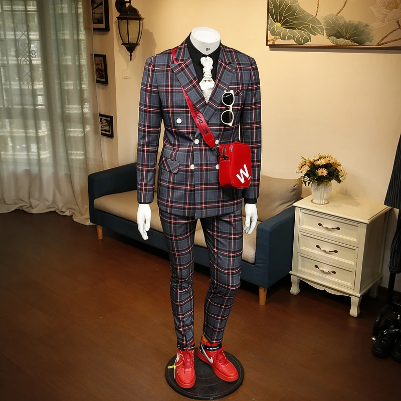 

XM geeki Autumn new business casual formal dress Korean Slim Fit Wedding handsome groom double breasted men's West