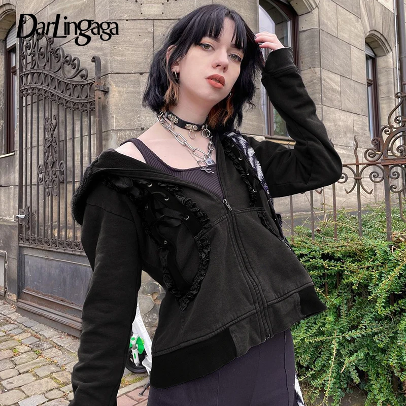 

Darlingaga Gothic Grunge Fairycore Y2K Frill Zipper Autumn Hoodie Women Harajuku Dark Academia Hooded Jacket Basic Ruffles Coat